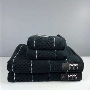 DKNY Bath Towel Set Black White Stripe 100% Cotton Super Soft 4 Pc Set NEW
